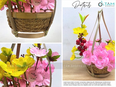 Bộ quang gánh tre cắm sẵn hoa mai đào [Thành phẩm - Cao 26cm] CHAUHOACS-06