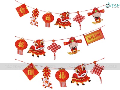 Dây banner treo Tết 7 phụ kiện giấy thần tài pháo nổ ĐK20cm dài 2m BANER-TET-01