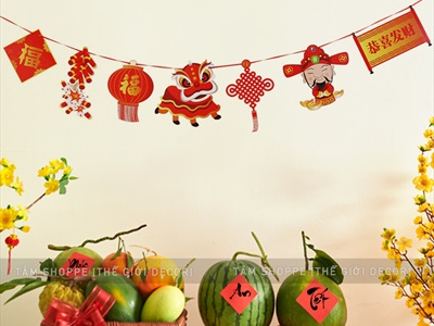 Dây banner treo Tết 7 phụ kiện giấy thần tài pháo nổ ĐK20cm dài 2m BANER-TET-01