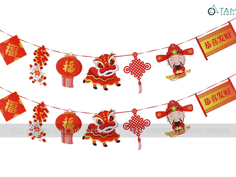 Dây banner treo Tết 7 phụ kiện giấy thần tài pháo nổ ĐK20cm dài 2m BANER-TET-01