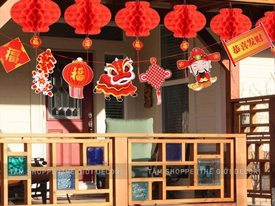 Dây banner treo Tết 7 phụ kiện giấy thần tài pháo nổ ĐK20cm dài 2m BANER-TET-01