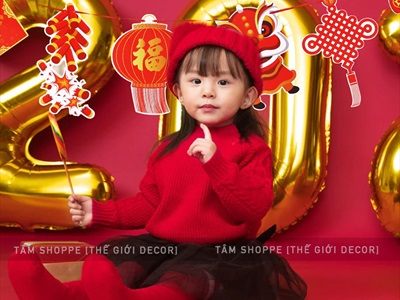 Dây banner treo Tết 7 phụ kiện giấy thần tài pháo nổ ĐK20cm dài 2m BANER-TET-01