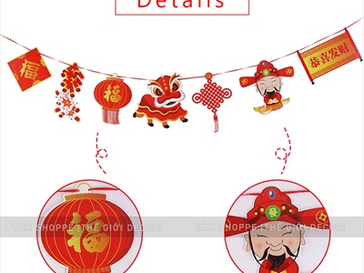 Dây banner treo Tết 7 phụ kiện giấy thần tài pháo nổ ĐK20cm dài 2m BANER-TET-01