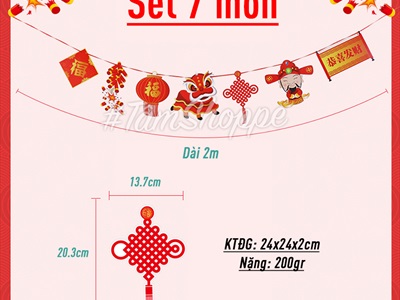 Dây banner treo Tết 7 phụ kiện giấy thần tài pháo nổ ĐK20cm dài 2m BANER-TET-01