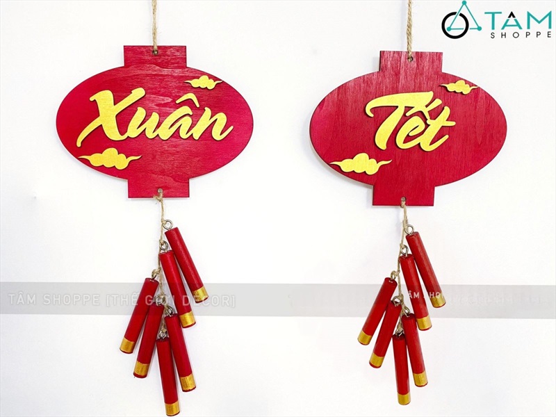 Dây treo Tết lồng đèn pháo gỗ chữ Tết - Xuân [Thủ công - Kĩ đẹp] PKT-TET-05