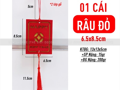 Dây treo Tết thẻ gỗ đỏ đồng tiền 2 lớp Happy New Year [Thủ công - Dày đẹp] PKT-TET-04