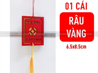 Dây treo Tết thẻ gỗ đỏ đồng tiền 2 lớp Happy New Year [Thủ công - Dày đẹp] PKT-TET-04