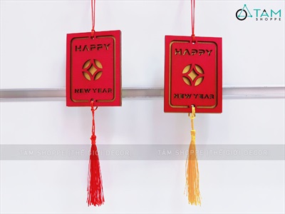 Dây treo Tết thẻ gỗ đỏ đồng tiền 2 lớp Happy New Year [Thủ công - Dày đẹp] PKT-TET-04