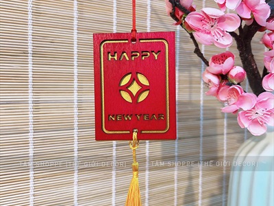Dây treo Tết thẻ gỗ đỏ đồng tiền 2 lớp Happy New Year [Thủ công - Dày đẹp] PKT-TET-04
