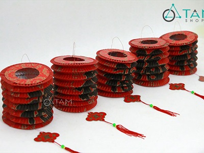 Set 02-05 Lồng đèn giấy con sâu chữ Phúc hoạ tiết (tặng que cầm) LDEN-GIAY-03
