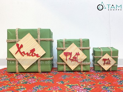 Mô hình bánh chưng bánh tét mộc Vintage [Thủ công - Ngẫu nhiên chữ] CHUNGTET-02