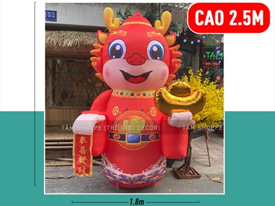 Mô hình Rồng Tết kiểu đứng bơm hơi tự động tay cầm thỏi vàng cao 2.5m [Vải dày - Bơm xịn] BOMHOI-T-01