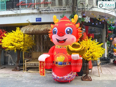 Mô hình Rồng Tết kiểu đứng bơm hơi tự động tay cầm thỏi vàng cao 2.5m [Vải dày - Bơm xịn] BOMHOI-T-01