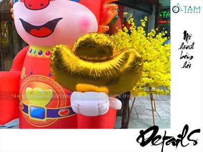 Mô hình Rồng Tết kiểu đứng bơm hơi tự động tay cầm thỏi vàng cao 2.5m [Vải dày - Bơm xịn] BOMHOI-T-01