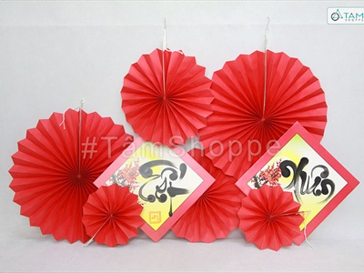Set 06 quạt giấy đỏ tròn gấp sẵn 3 size [Sẵn keo - Tặng phụ kiện] QUAT-03