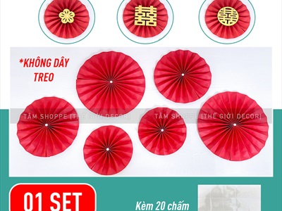 Set 06 quạt giấy đỏ tròn gấp sẵn 3 size [Sẵn keo - Tặng phụ kiện] QUAT-03