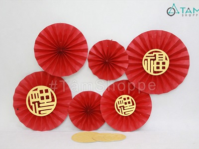 Set 06 quạt giấy đỏ tròn gấp sẵn 3 size [Sẵn keo - Tặng phụ kiện] QUAT-03