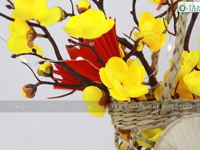 Tiểu cảnh Tết giỏ cói 2 nón chữ Tết giấy đỏ C28cm TCĐB-02-T
