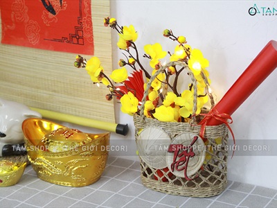 Tiểu cảnh Tết giỏ cói 2 nón chữ Tết giấy đỏ C28cm TCĐB-02-T