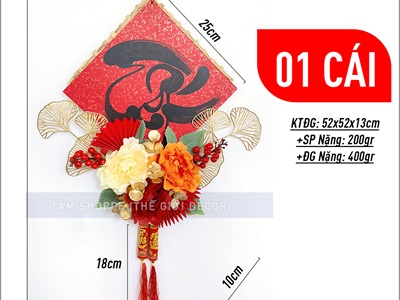 Vòng hoa chữ Tết thư pháp hình thoi mẫu đơn treo pháo [Viết tay - Kĩ đẹp] VTC-T-41