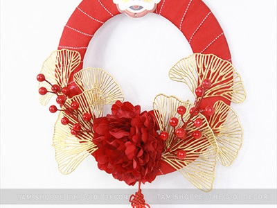 Vòng treo cửa Tết mẫu đơn rẻ quạt vòng đỏ ruy băng ĐK30-35cm VTC-T-38