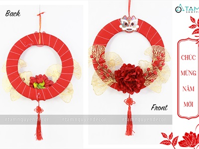 Vòng treo cửa Tết mẫu đơn rẻ quạt vòng đỏ ruy băng ĐK30-35cm VTC-T-38