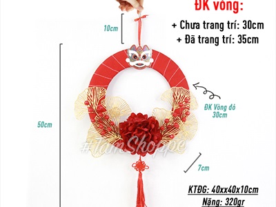 Vòng treo cửa Tết mẫu đơn rẻ quạt vòng đỏ ruy băng ĐK30-35cm VTC-T-38