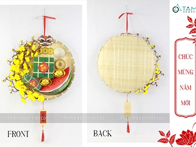 Vòng treo cửa Tết mẹt tre bánh chưng dưa hấu nửa vòng hoa ĐK40cm VTC-T-35