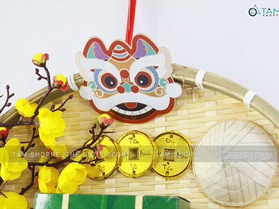 Vòng treo cửa Tết mẹt tre bánh chưng dưa hấu nửa vòng hoa ĐK40cm VTC-T-35