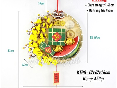 Vòng treo cửa Tết mẹt tre bánh chưng dưa hấu nửa vòng hoa ĐK40cm VTC-T-35
