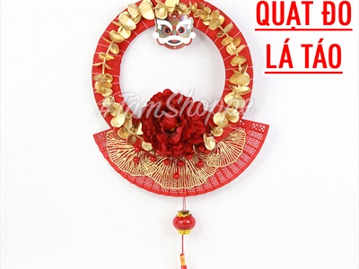 Vòng treo cửa Tết quạt gỗ đỏ vòng ruy băng ĐK30-35cm VTC-T-37