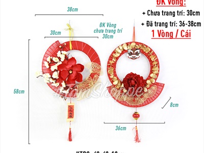 Vòng treo cửa Tết quạt gỗ đỏ vòng ruy băng ĐK30-35cm VTC-T-37