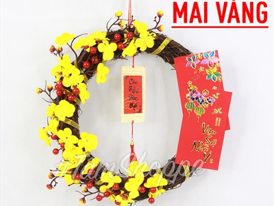 Vòng treo cửa Tết ruy băng xoáy nửa vòng hoa 2 lì xì ĐK35-40cm VTC-T-39
