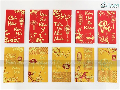 Xấp 06 bao lì xì Tết vàng đỏ ép kim mã YT2105 [Nguyên tờ tiền - Được chọn kiểu] BAOLIXI-01
