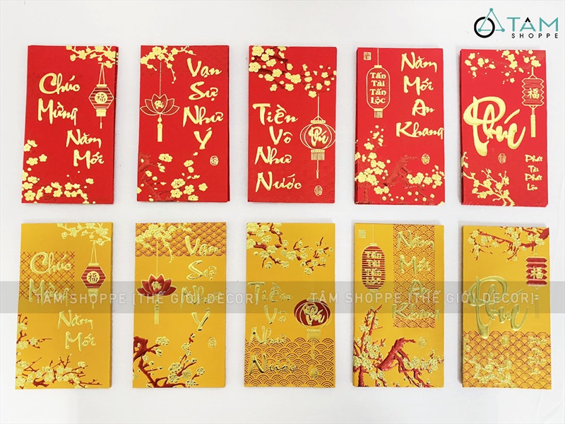 Xấp 06 bao lì xì Tết vàng đỏ ép kim mã YT2105 [Nguyên tờ tiền - Được chọn kiểu] BAOLIXI-01