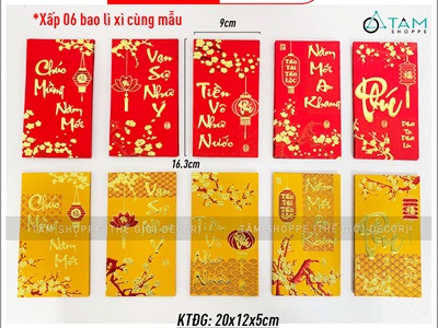 Xấp 06 bao lì xì Tết vàng đỏ ép kim mã YT2105 [Nguyên tờ tiền - Được chọn kiểu] BAOLIXI-01