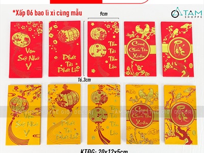Xấp 06 bao lì xì Tết vàng đỏ ép kim mã YT2107 [Nguyên tờ tiền - Được chọn kiểu] BAOLIXI-02