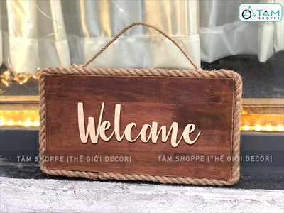 Bảng welcome treo cửa nâu đen rustic viền dây thừng [Có cắt chữ theo yêu cầu] BTC-WEL-01