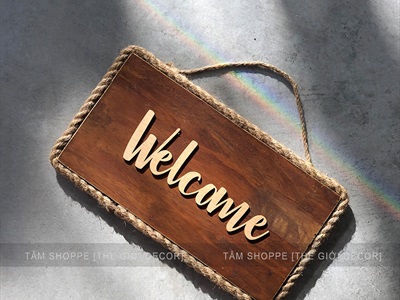 Bảng welcome treo cửa nâu đen rustic viền dây thừng [Có cắt chữ theo yêu cầu] BTC-WEL-01
