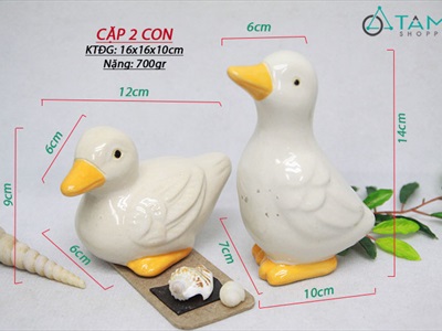 Bộ 2 tượng vịt gốm trống mái gốm trắng vàng TCV-VIT-01