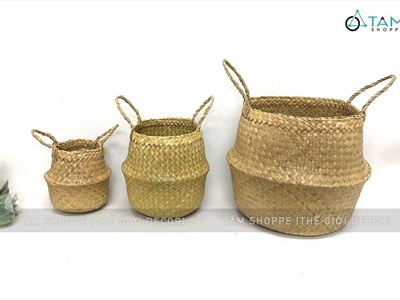 Giỏ cói trồng cây đựng đồ hình chum 2 quai xách GIO-COI-01