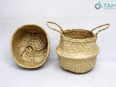 Giỏ cói trồng cây đựng đồ hình chum 2 quai xách GIO-COI-01