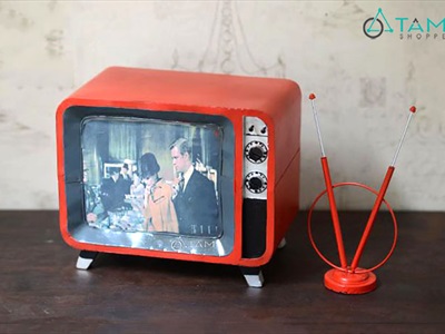 Mô hình ti vi cổ điển màu đỏ ăng ten tròn cao 36cm (Chưa tính cần) MHVT-TV-02