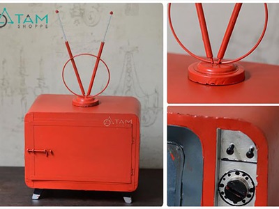 Mô hình ti vi cổ điển màu đỏ ăng ten tròn cao 36cm (Chưa tính cần) MHVT-TV-02