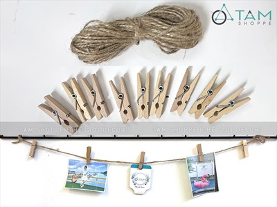 Set 5-10 kẹp gỗ treo ảnh kèm dây thừng màu tự nhiên KATT-KG-01