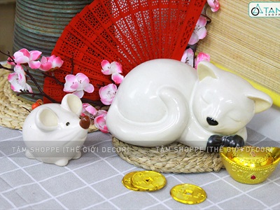 Tượng chuột gốm trắng tai to TCV-CHUOT-03