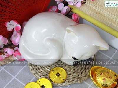Tượng mèo gốm trắng nằm ngủ D21cm TCV-MEO-01