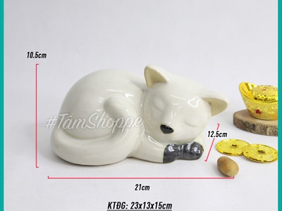 Tượng mèo gốm trắng nằm ngủ D21cm TCV-MEO-01