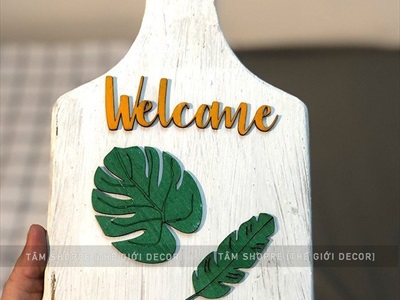 Bảng welcome lá Monstera hình thớt gỗ BTC-WEL-02