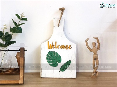 Bảng welcome lá Monstera hình thớt gỗ BTC-WEL-02
